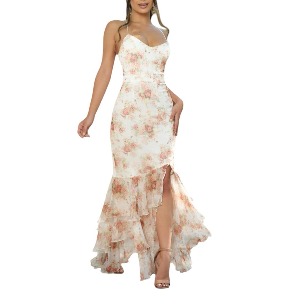 Velvi Greta Maxi Dress in White Floral size 12 Lace-Up Back Mermaid Ruffle Slit